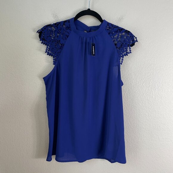 NEW Express Womens Large Royal Blue Lace Cap Sleeve Blouse Shirt Top - Picture 8 of 11
